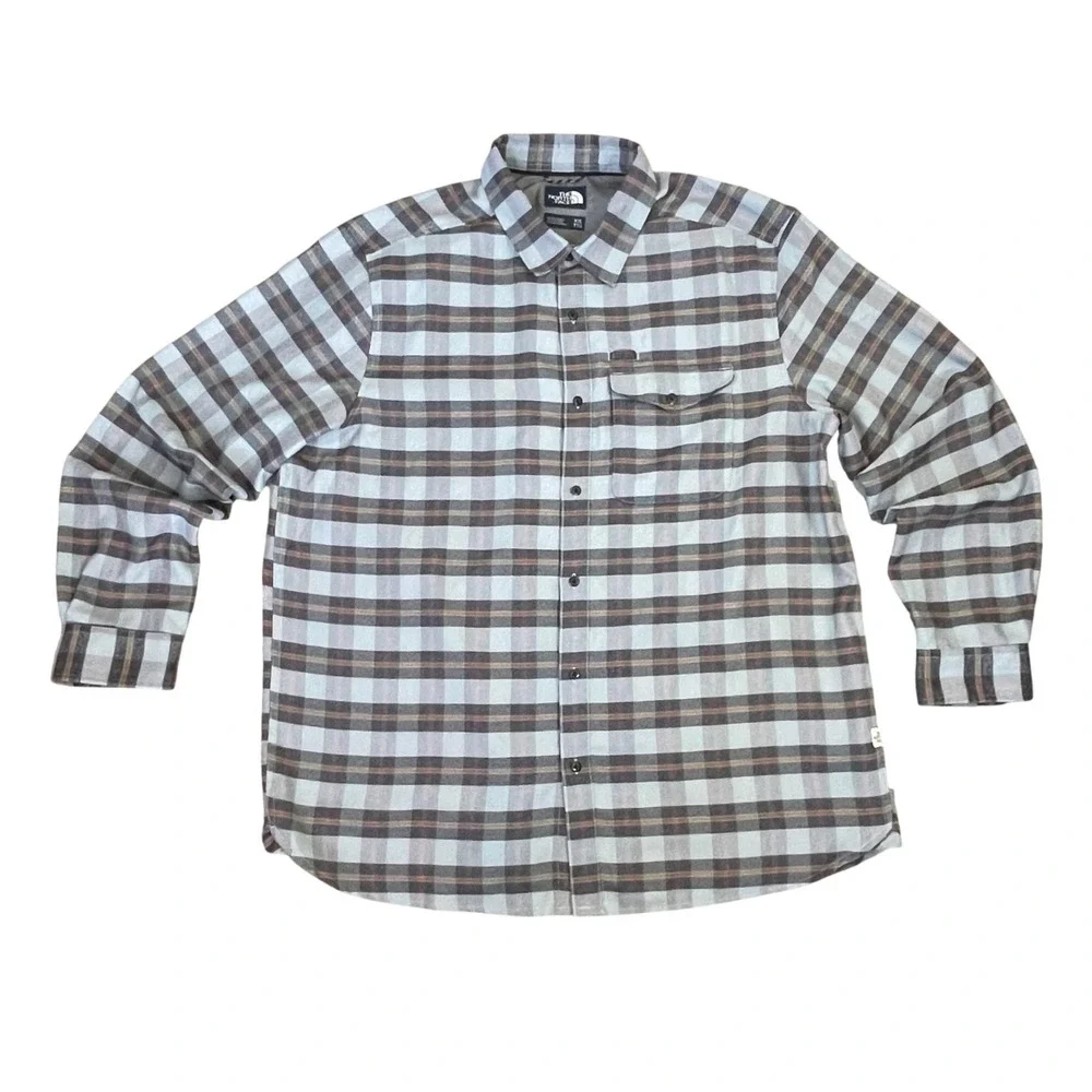 The North Face Mens XXL Blue Plaid Flannel Long Sleeve Button Down Shirt Logo